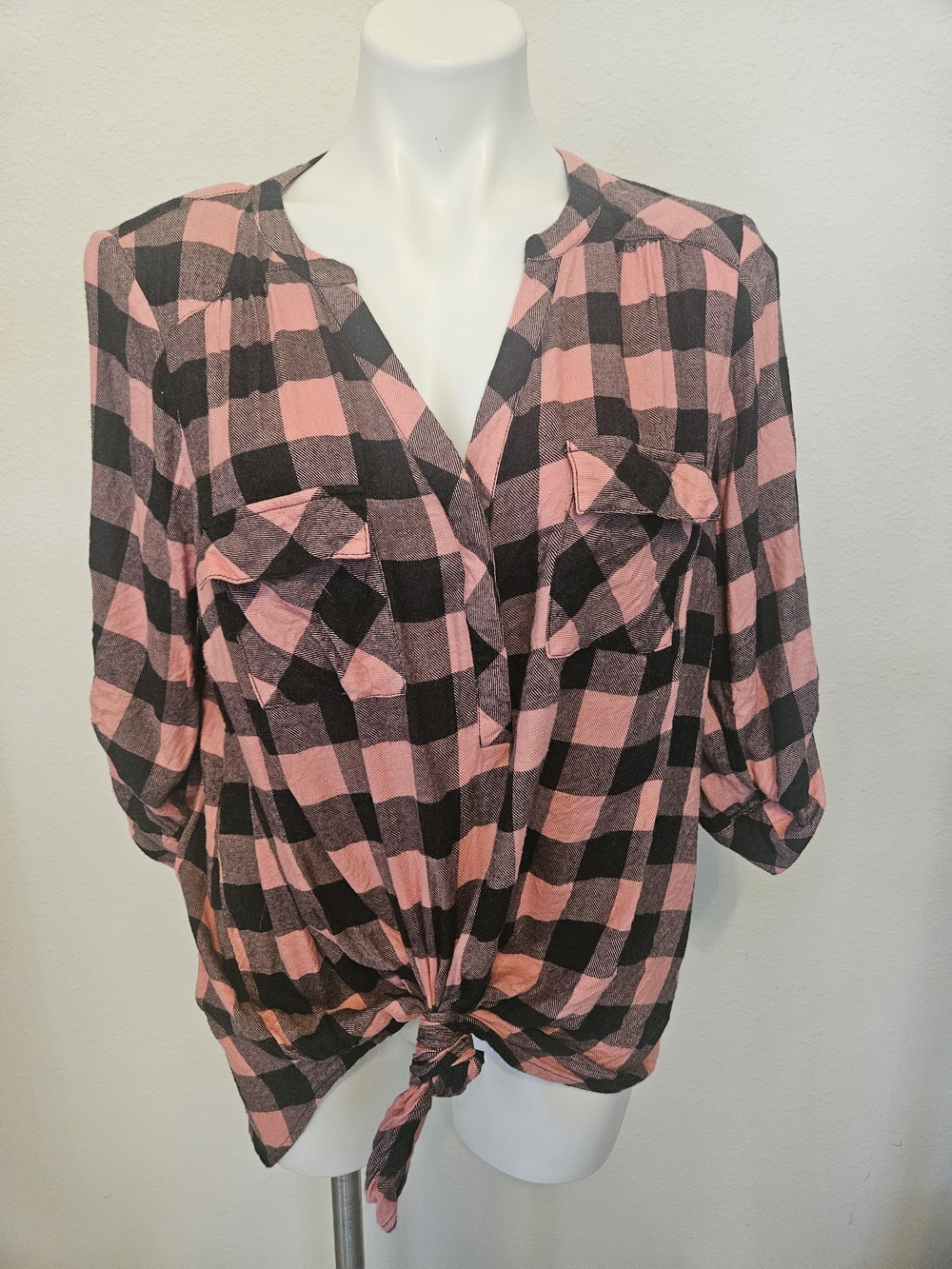 Torrid Pink and Black Plaid Tie-Front Flannel